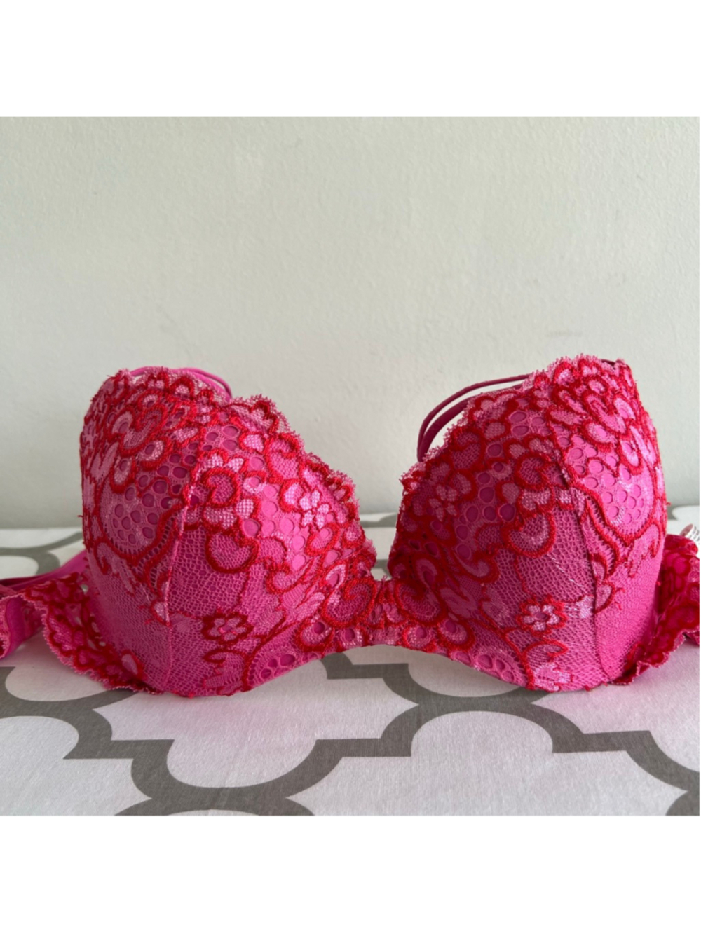Victoria's Secret 34C Pink Red Lace Padded Demi Bra